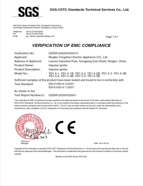 CE SGS EMC ho'āʻo YD1.5